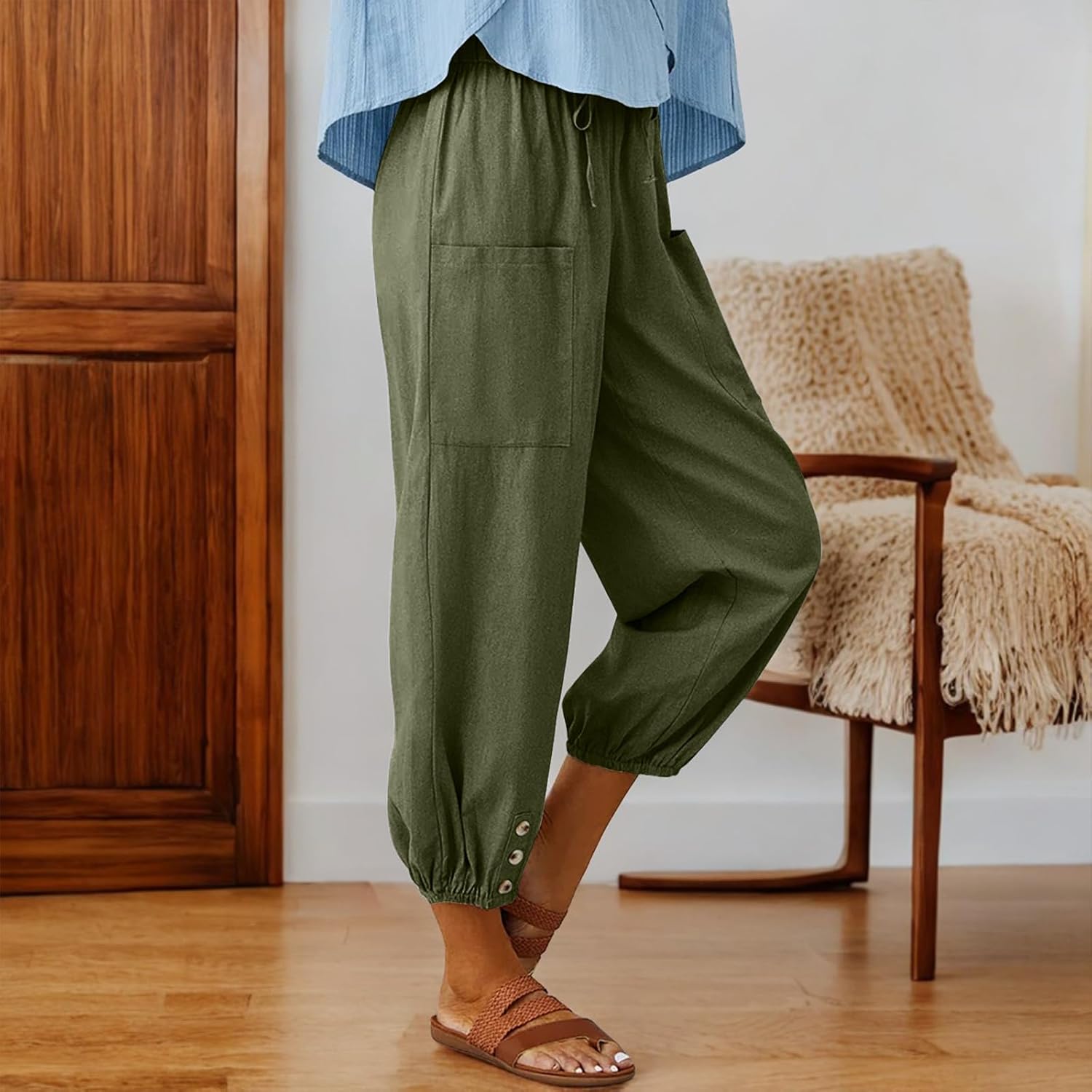 Thumbnail 2 de CrystErzoix pantaloni donna estivi leggeri in cotone a 7/8, gamba larga e vita elastica