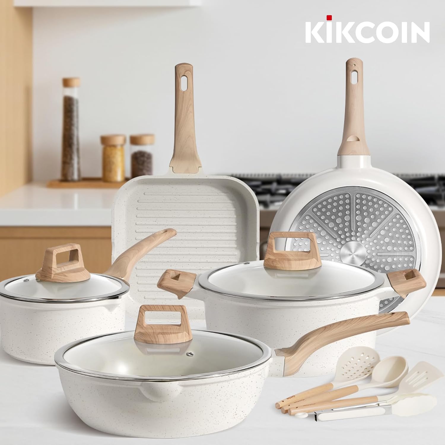 Thumbnail 6 de Kikcoin 16Pcs Ceramic Nonstick Pots & Pans Set with 9.5" Grill Pan (PTFE/PFOS/PFOA Free), Stackable White Set