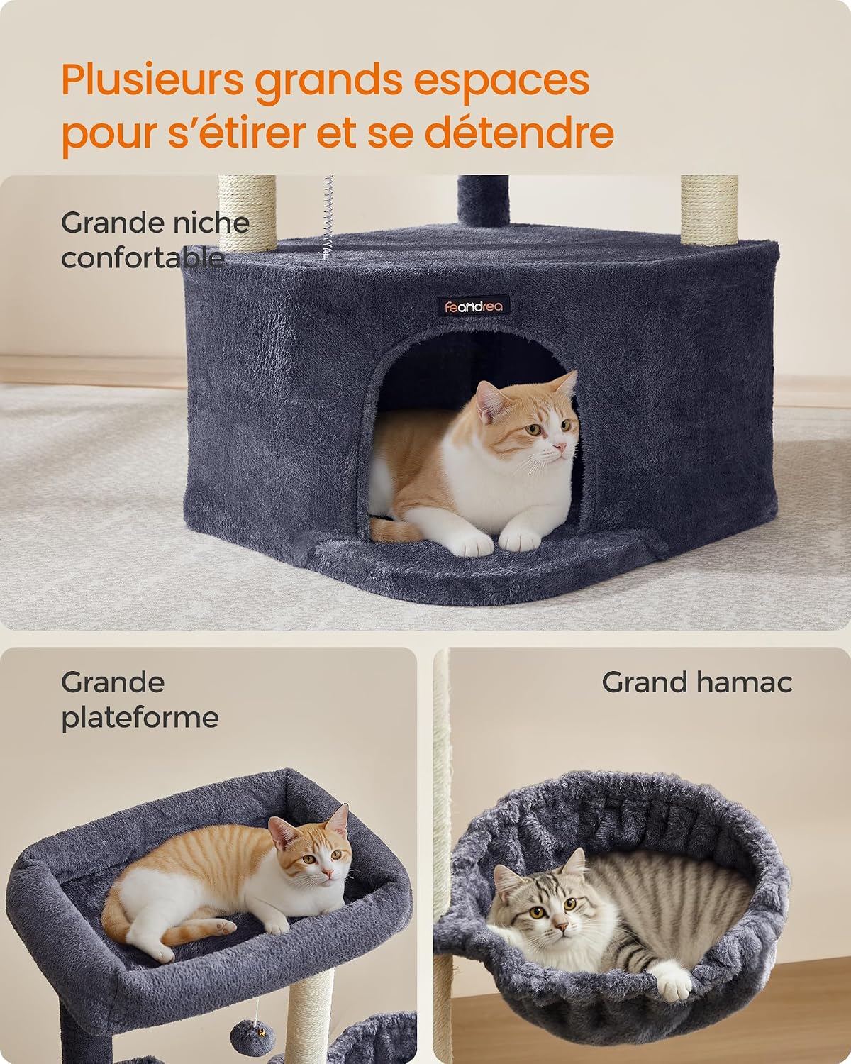 Detalle de Feandrea Arbre à Chat PCT009G02 – Tour de Jeux 140,7 cm pour grands chats et foyers multi-chat