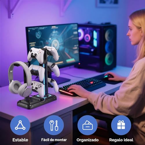 Detalle 2 de KDD Soporte Auriculares Gaming con 9 Modos de Luz: 360° de giro y gancho desmontable para escritorio