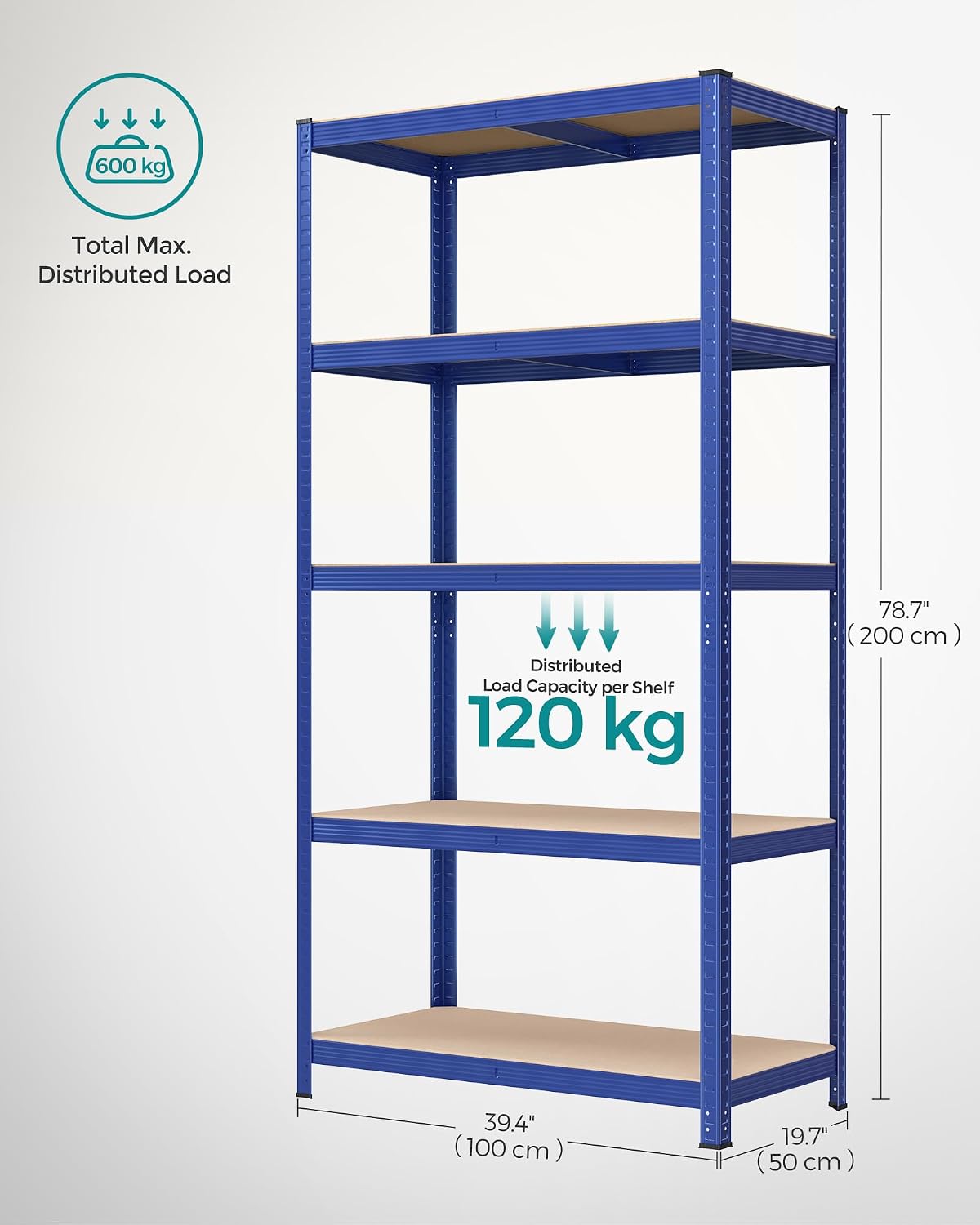 Detalle de SONGMICS GLR050Q01V1 5-Tier Shelving Unit, 600 kg Capacity, Adjustable Shelves