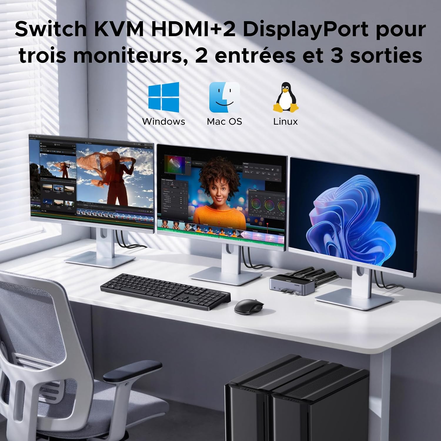 Detalle 2 de UGREEN Switch KVM HDMI+DP à 2 entrées et 3 sorties (8K 60 Hz) double affichage