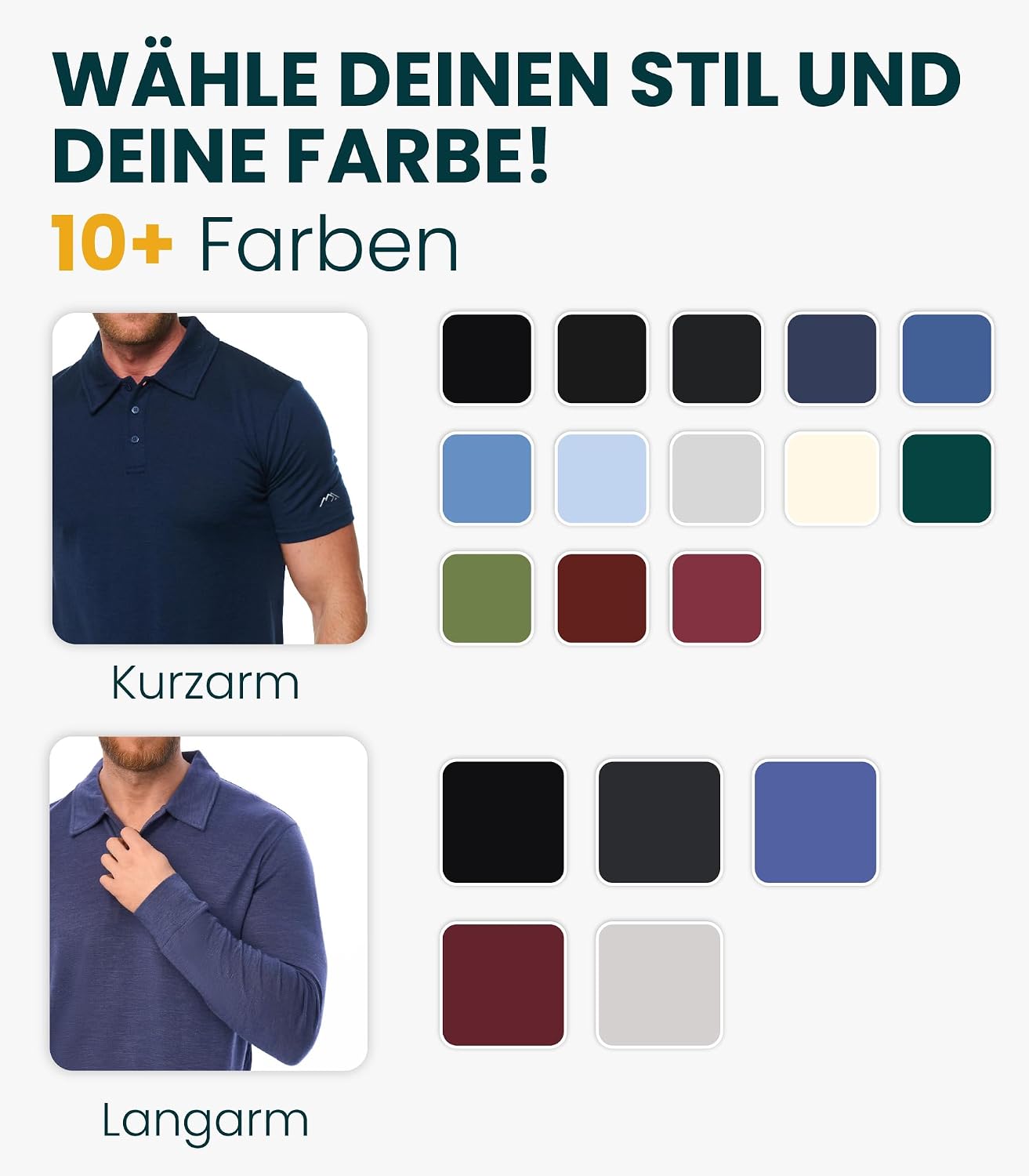 Detalle de Merino Poloshirt Herren Kurzarm Langarm