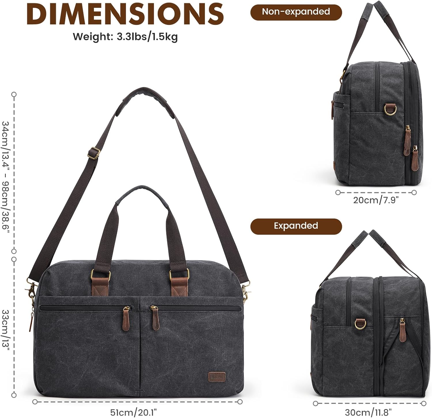 Detalle 1 de S-ZONE Sac de Voyage Toile Vintage Extensible – 50% d’espace en plus