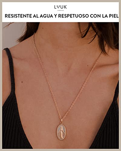 Detalle de LUUK LIFESTYLE Collar de acero inoxidable con colgante de la Virgen María y tarjeta HAPPINESS (rosa)