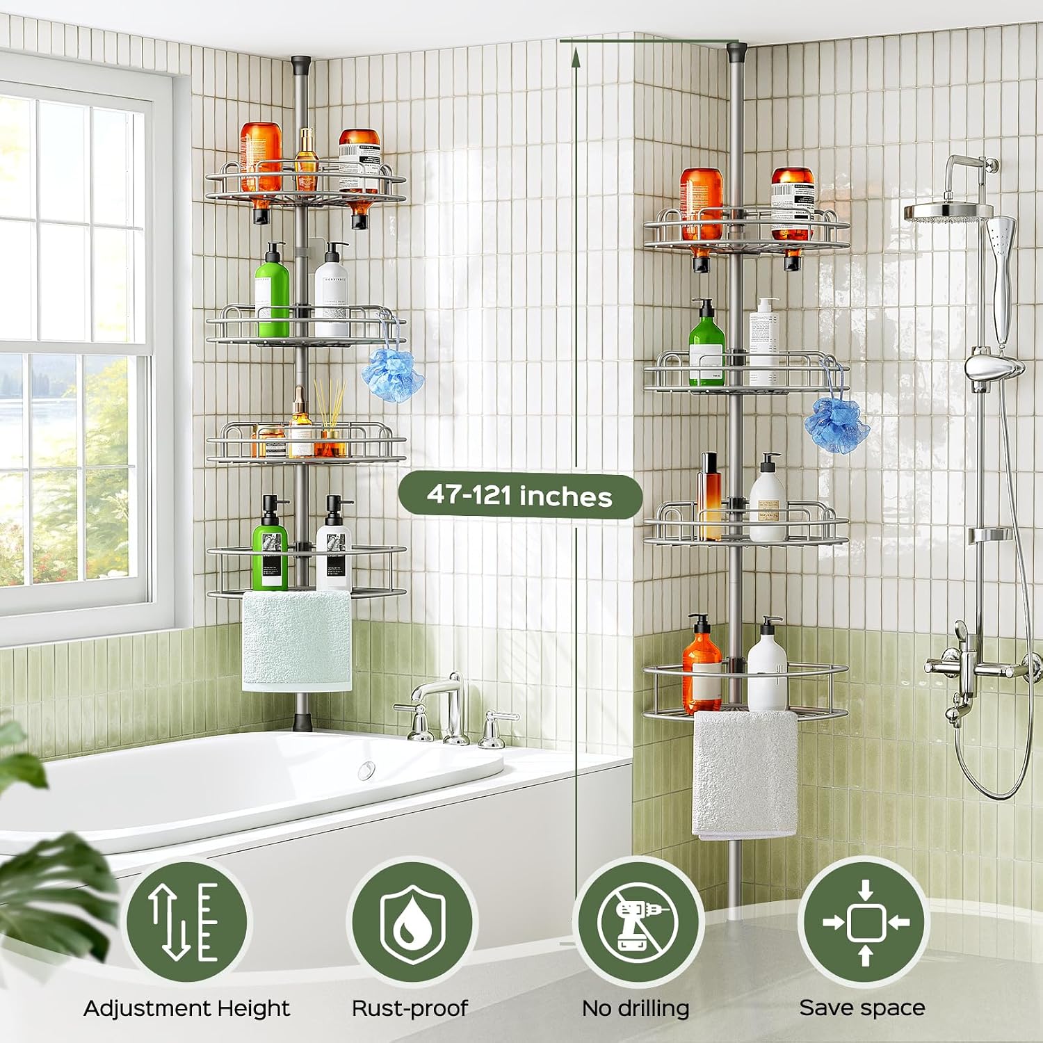 Detalle 2 de HAMITOR Telescopic Shower Caddy Corner Storage – No-Drill Stainless Steel 4-Tier Shelving for Small Bathrooms