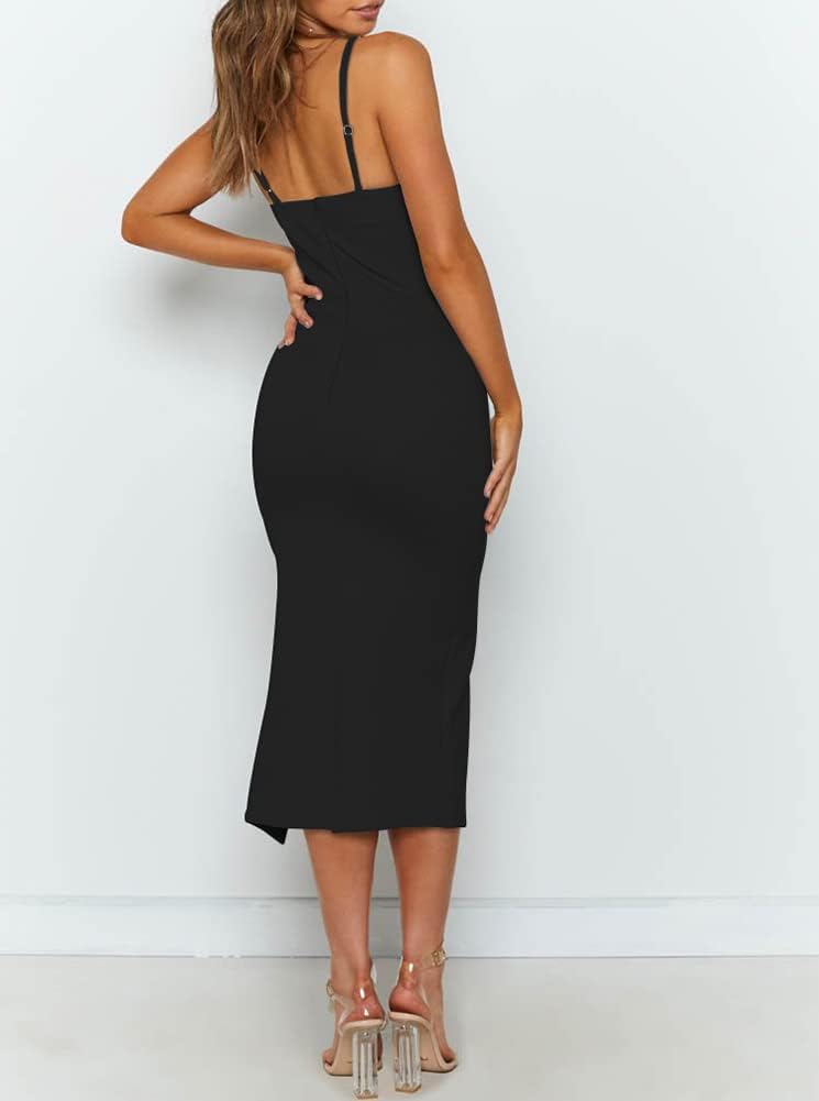 Thumbnail 3 de OWIN Women's Adjustable Spaghetti Straps Midi Bodycon Cocktail Dress: High Waist, Split, Sleeveless