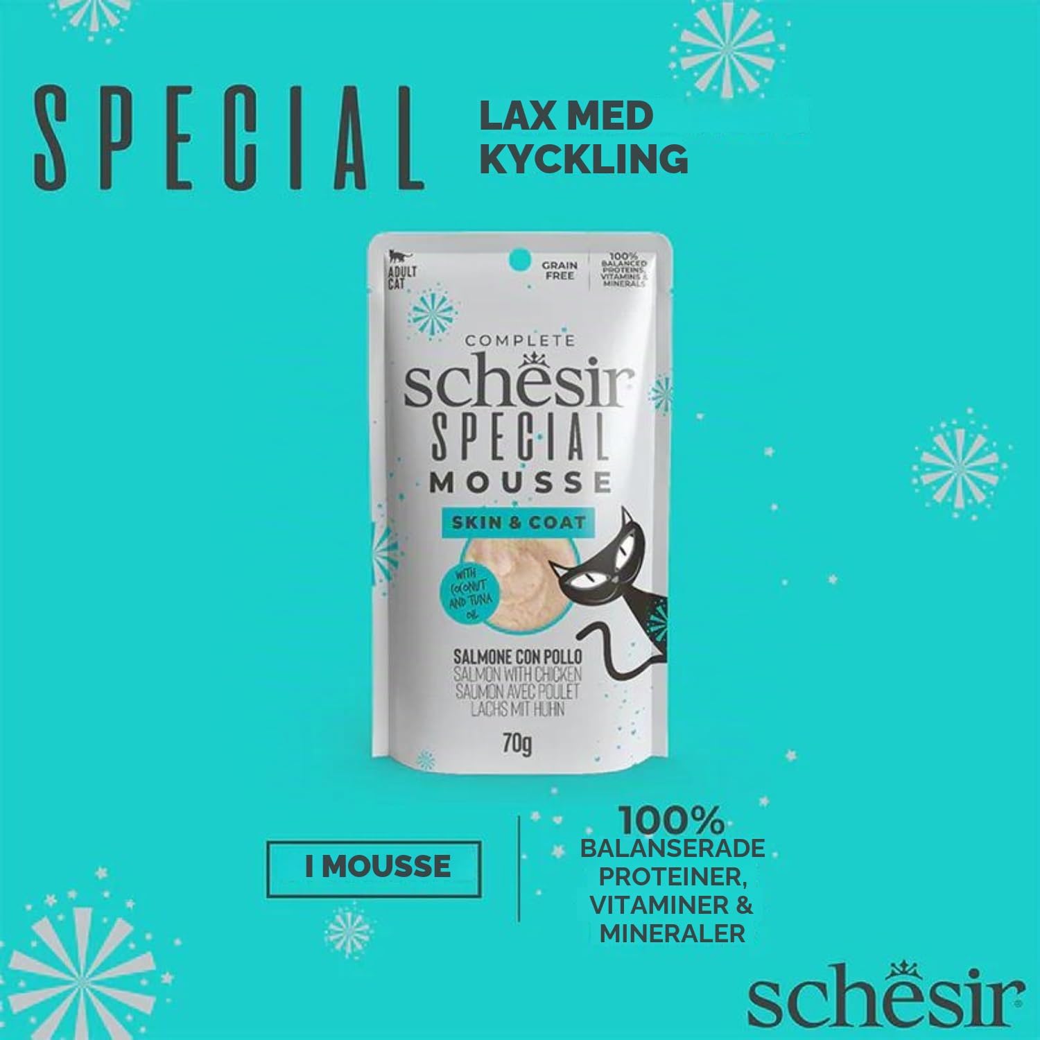 Detalle de Schesir Special Skin & Coat komplett våtfoder för vuxna katter, lax och kyckling, 12 x 70 g