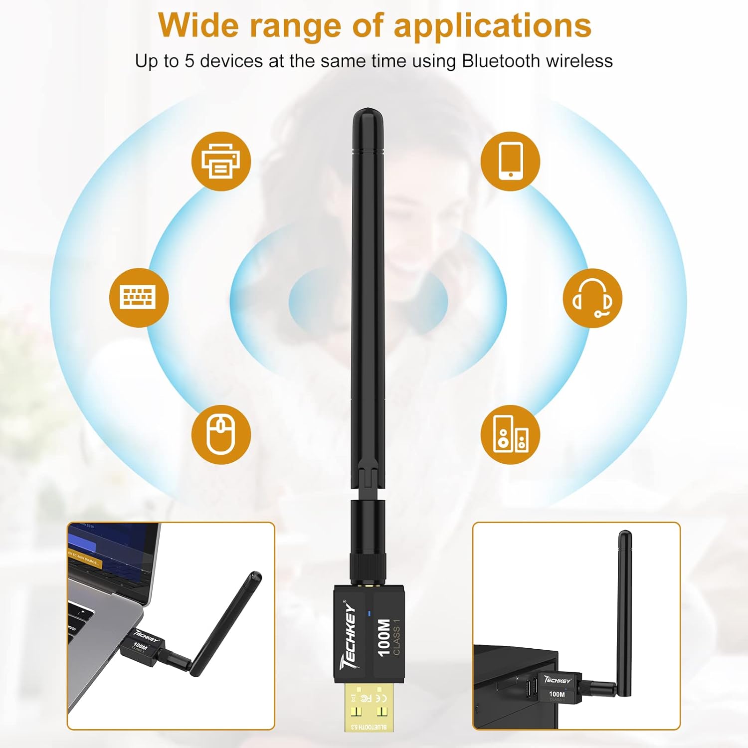 Thumbnail 5 de Techkey Long Range USB Bluetooth 5.3 Adapter (Class 1, up to 328ft) for Desktop PC
