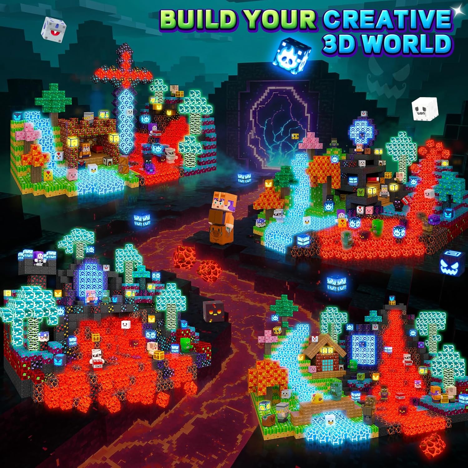 Detalle de IGIVI 500-Piece Magnetic Blocks with Light Up Blocks: Build a Glow-in-the-Dark MagWorld