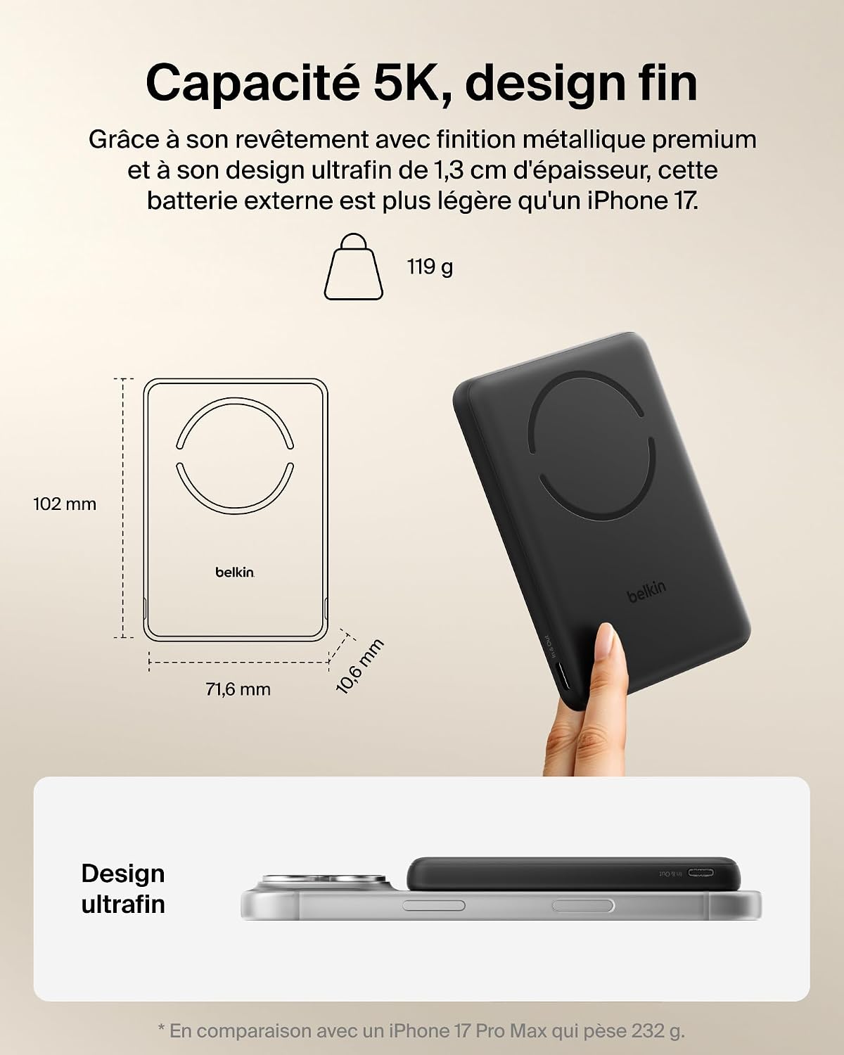 Detalle 2 de Belkin BoostCharge Batterie Externe Magnétique 5000mAh – charge 15 W, anneau magnétique et USB-C inclus