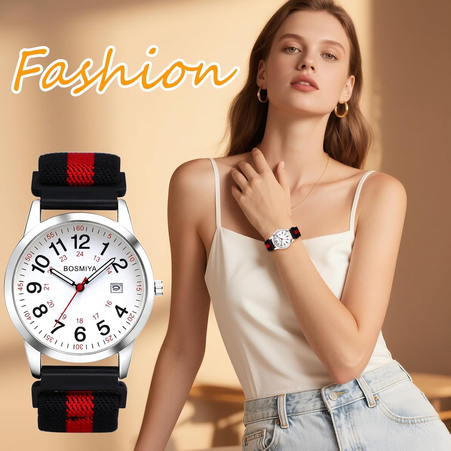 Thumbnail 6 de JewelryWe Boho Uhr mit geflochtenem elastischem Stoffarmband – Unisex Quarzuhr mit Datum