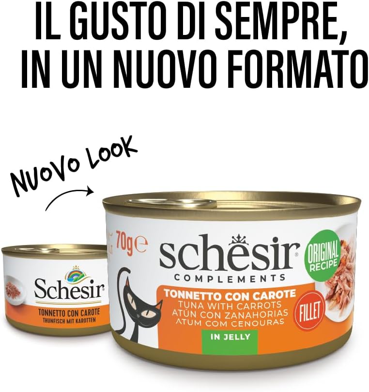 Detalle 2 de Schesir Filetti di Tonno con Carote in Gelatina – Cibo Umido Complementare per Gatti, 12 lattine da 70 g