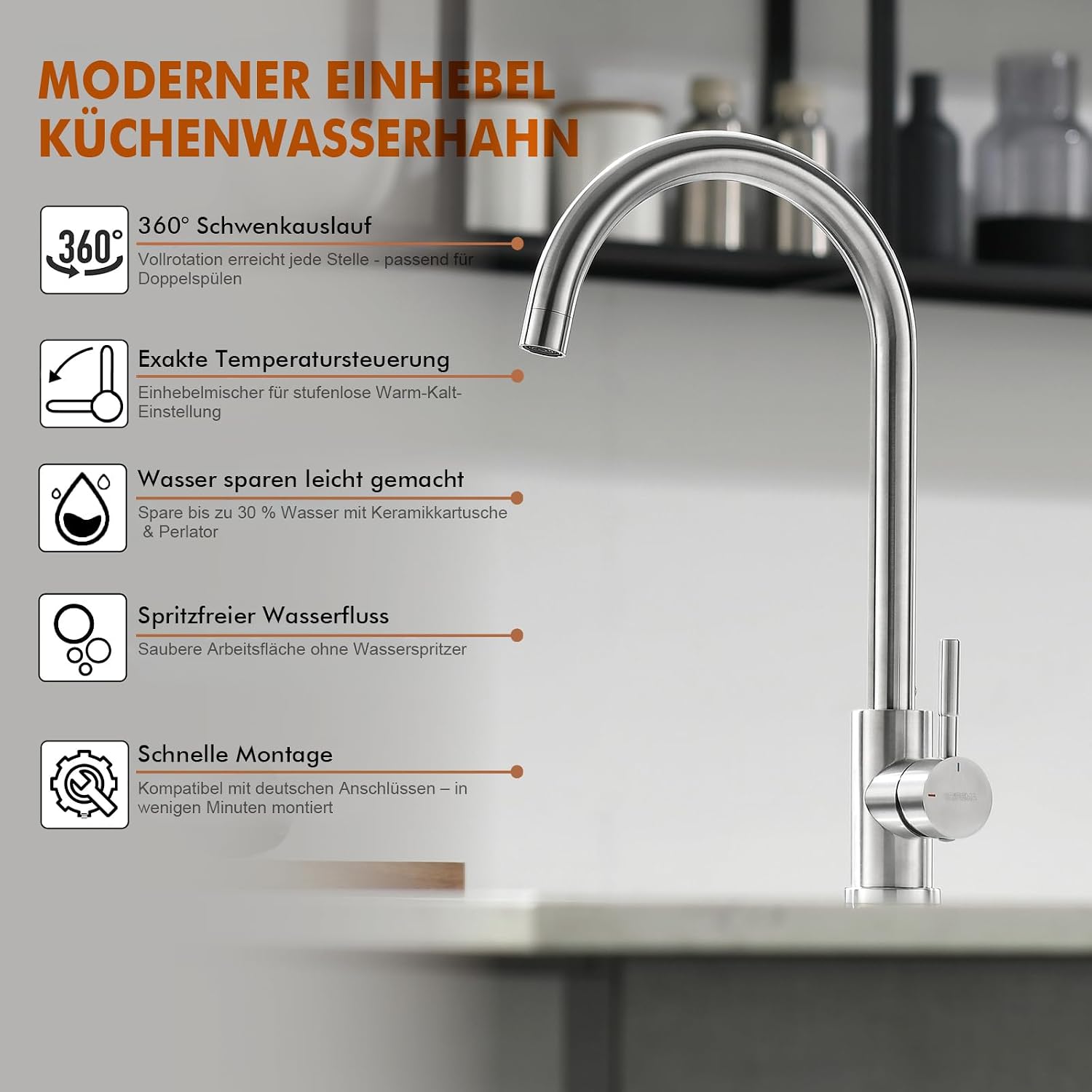 Thumbnail 4 de GRIFEMA Küchenarmatur mit Einhebelmischung, hoher Bogen (271 mm) und 360° Drehung – Edelstahl, grau