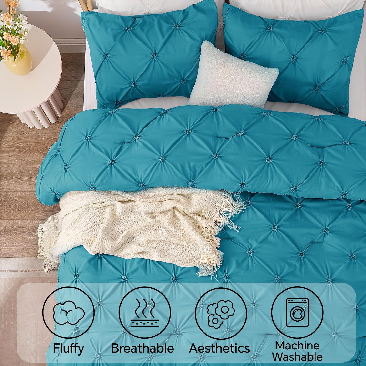 Thumbnail 4 de BEDELITE BECAB2G1 Queen Comforter Set, Teal Boho Pintuck, 3 Pieces