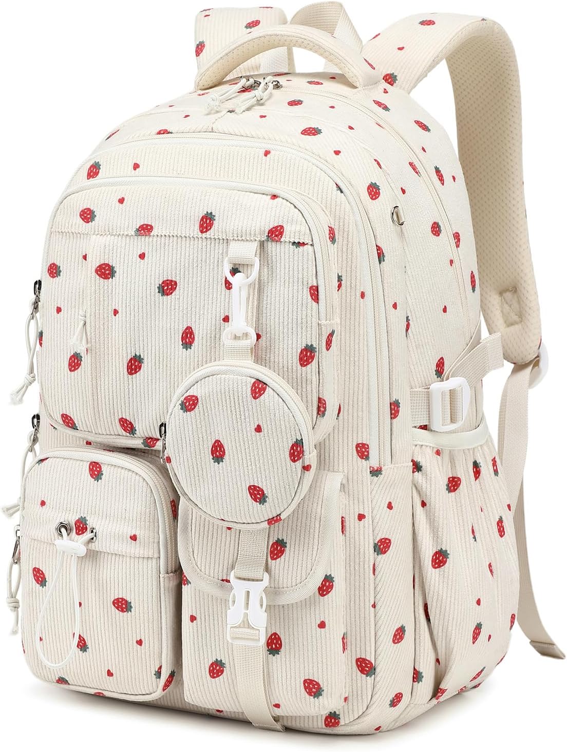 Detalle de Sisipoet Sac à Dos Fille Velours Côtelé Fraise – Cartable Léger pour École et Voyage