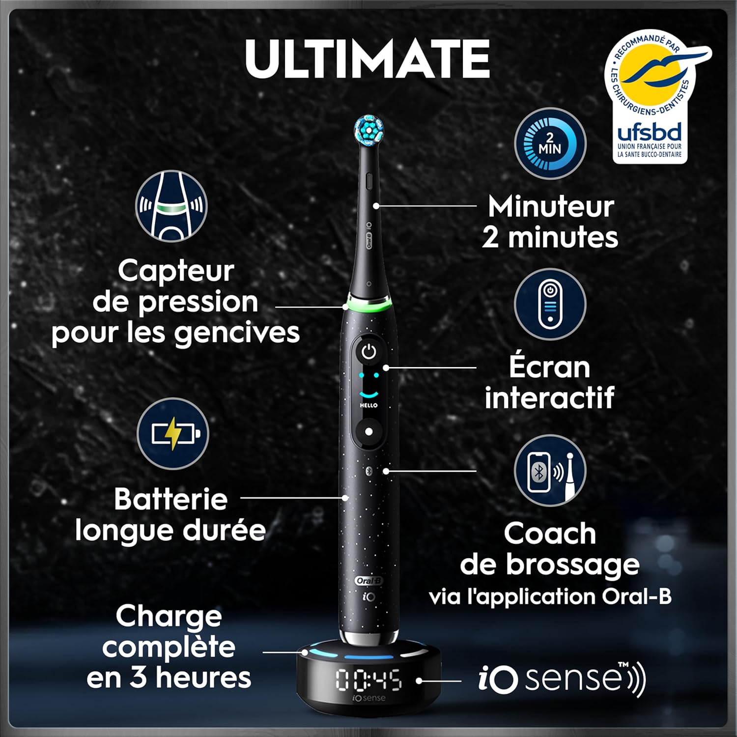 Detalle de Oral-B iO 10 brosse à dents électrique intelligente noire – 7 modes, capteur de pression et iO Sense