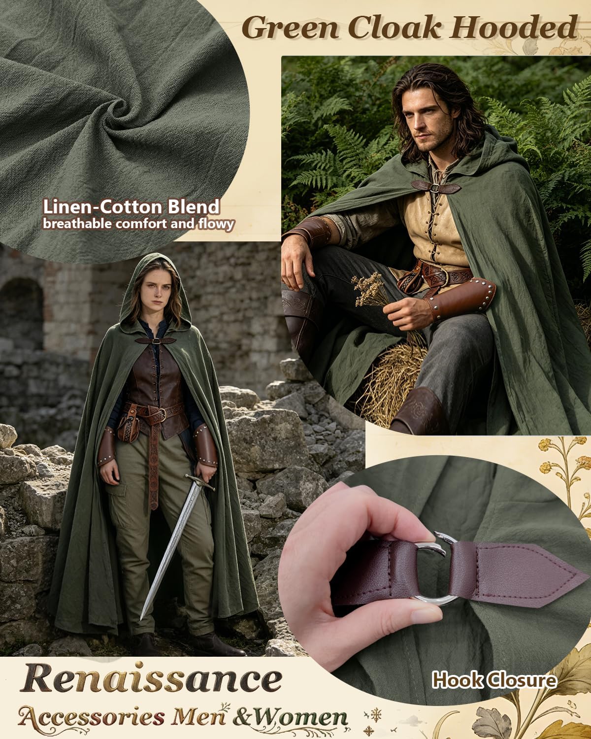 Detalle 1 de Kasahara Renaissance Hooded Cloak Costume Set with Belt, Pouch and Bracers