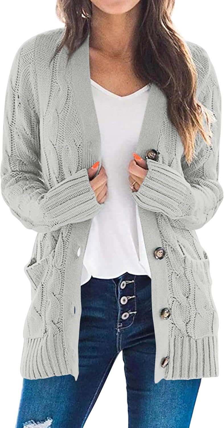 Detalle de PRETTYGARDEN Chunky Cable-Knit Cardigan for Women with Buttons and Pockets