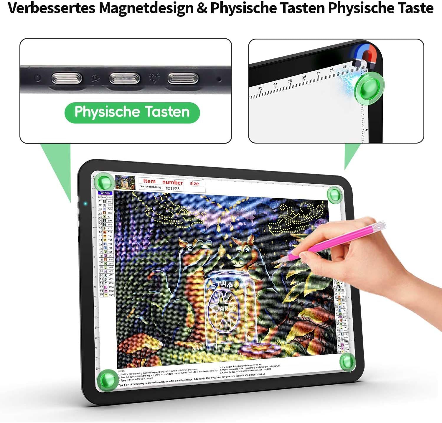 Detalle 2 de 9000 Lux Superhell Wiederaufladbare A4 Leuchttischplatte – Ultraleucht, Magnetisch, USB-C & Batterie