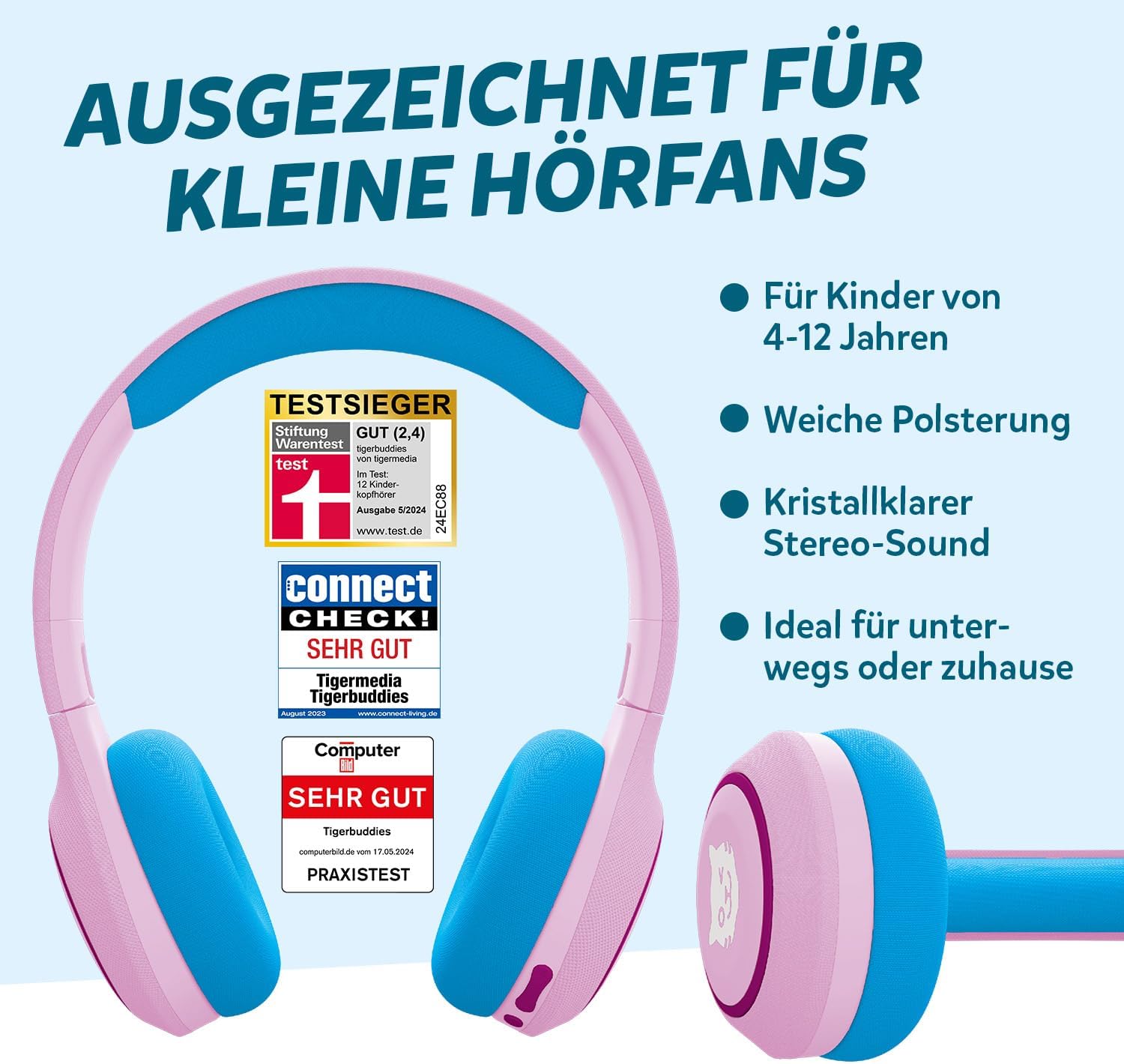 Detalle de tigermedia tigerbuddies Bluetooth-Kopfhörer für Kinder – faltbar, 85 dB Lautstärkebegrenzung, ab 4 Jahren