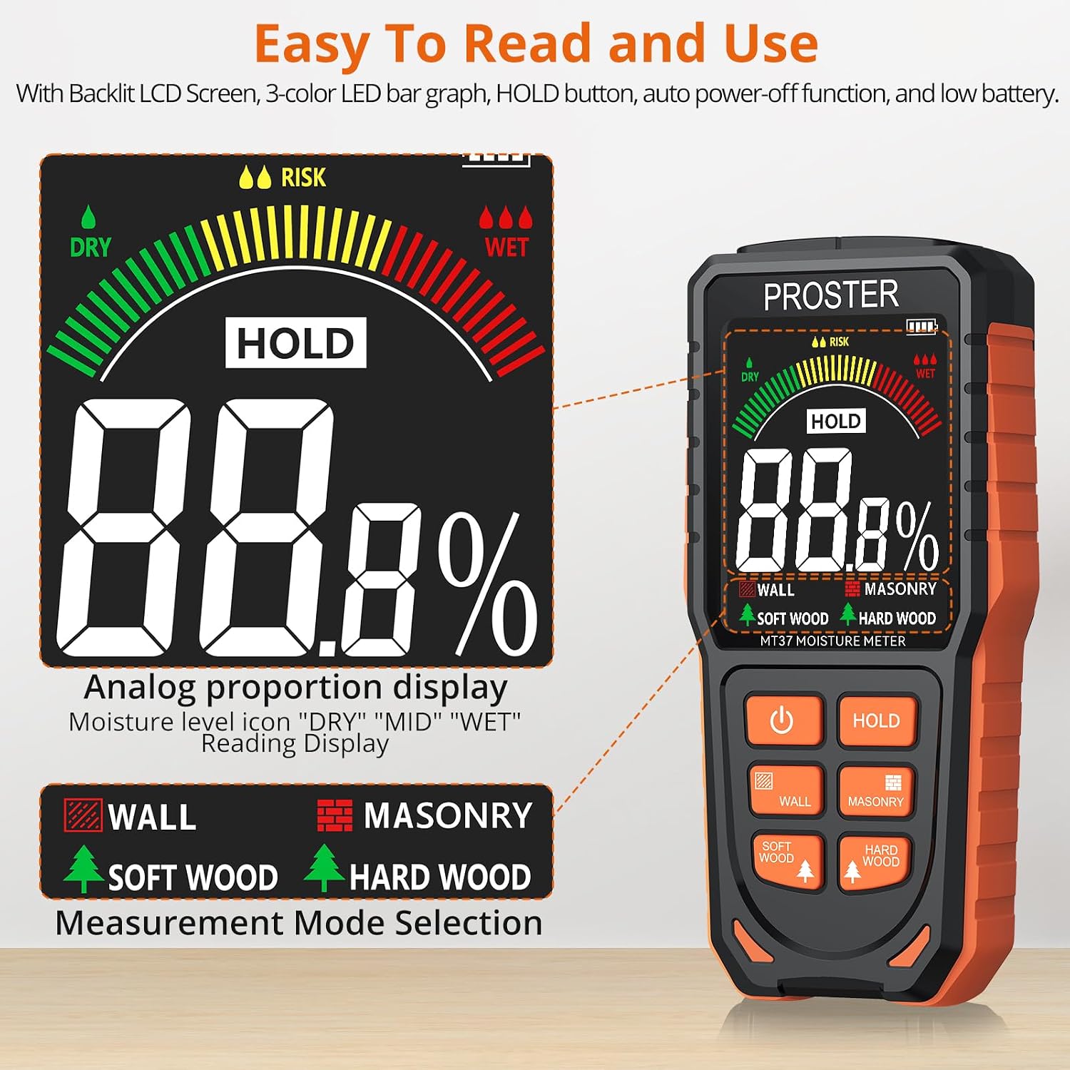 Thumbnail 1 de Proster PST252-US Pinless Moisture Meter, USB-C Rechargeable, 19 mm Detection