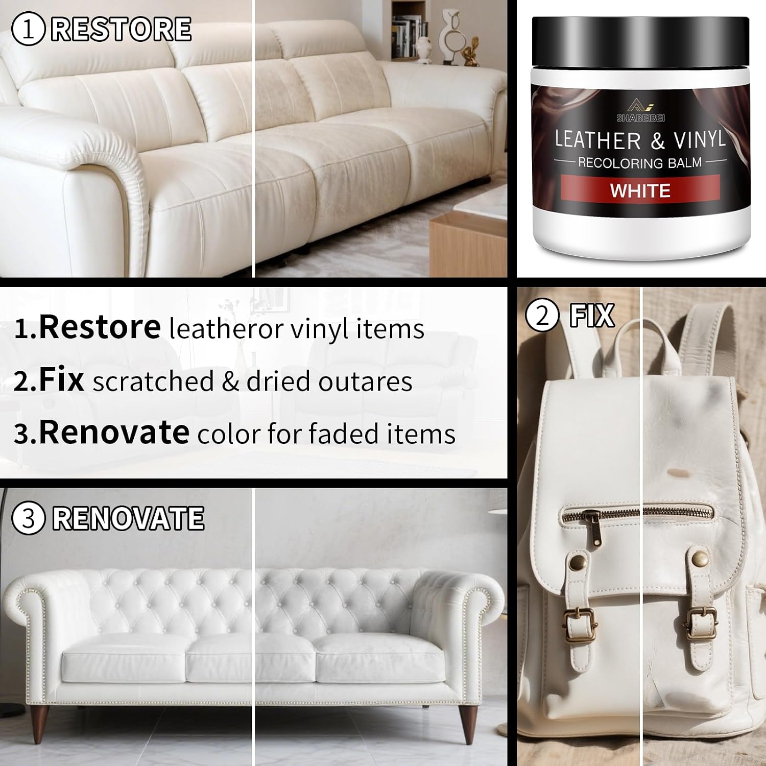 Thumbnail 2 de Leather Recoloring Balm and Scratch Repair Kit — White Leather Restorer for Couches, Car Seats, and More
