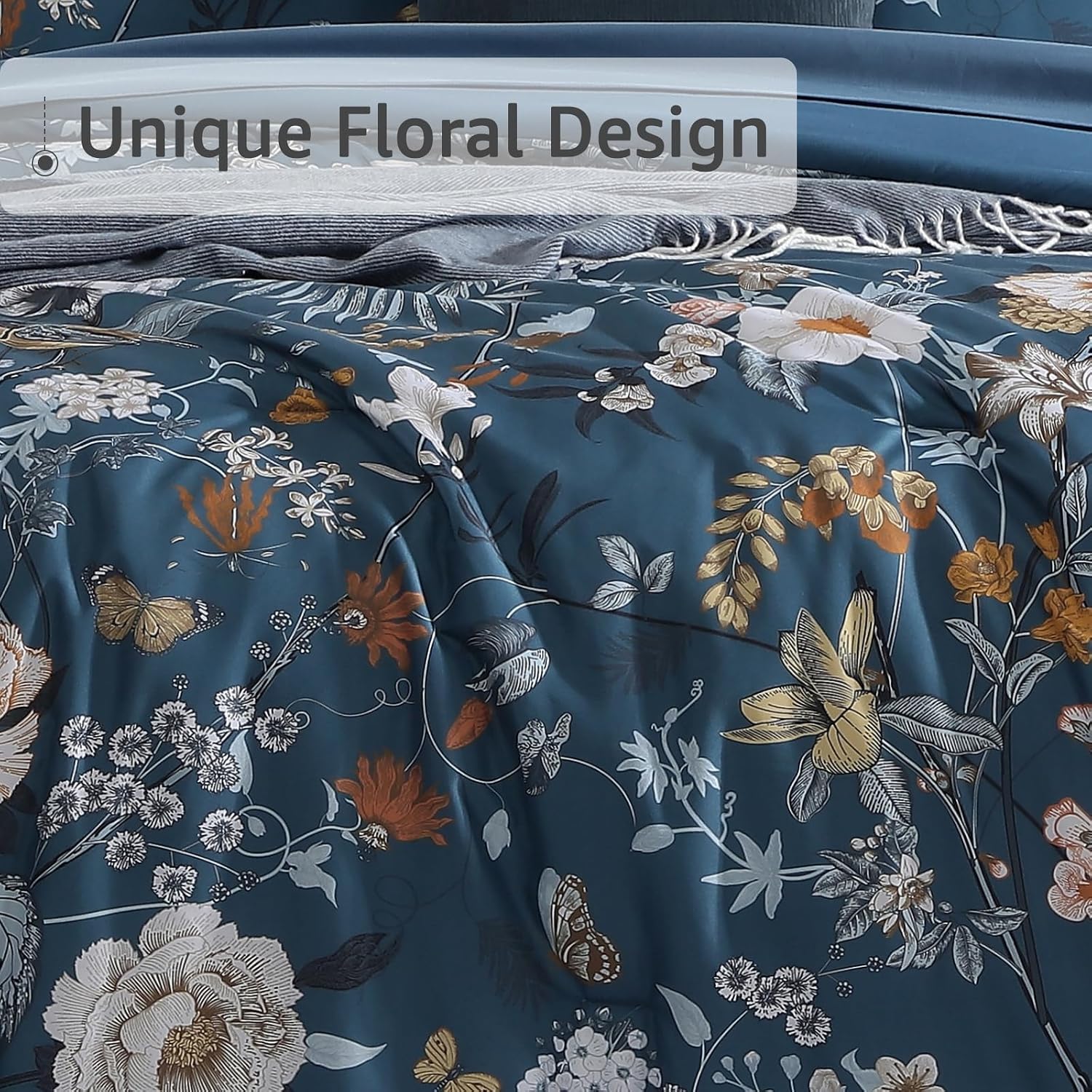 Detalle de CASAAGUSTO California King Comforter Set, Blue Floral & Butterfly 7-Piece Bed-in-a-Bag