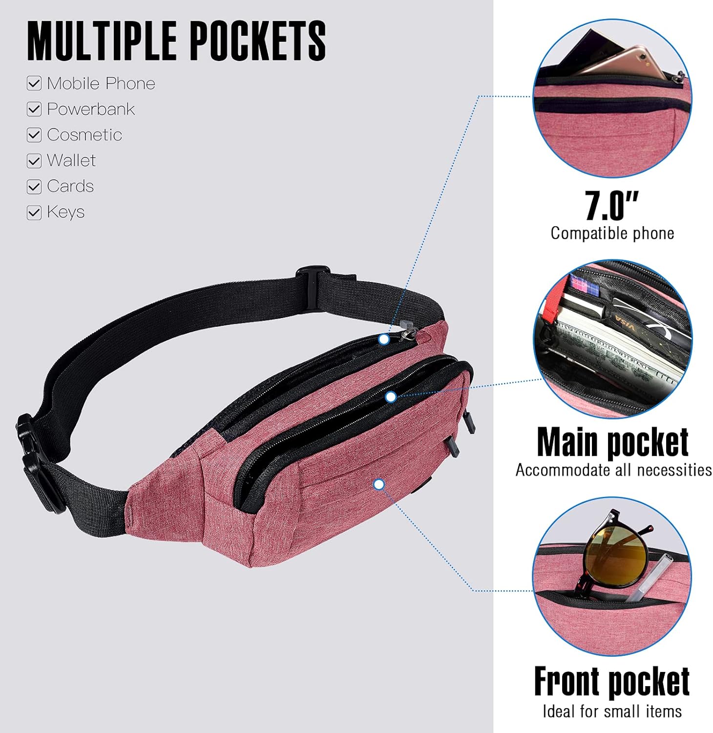 Detalle 2 de Waterfly Bumbags Waist Fanny Pack for Women & Men – Adjustable Belt Bum Bag with Separate Zips