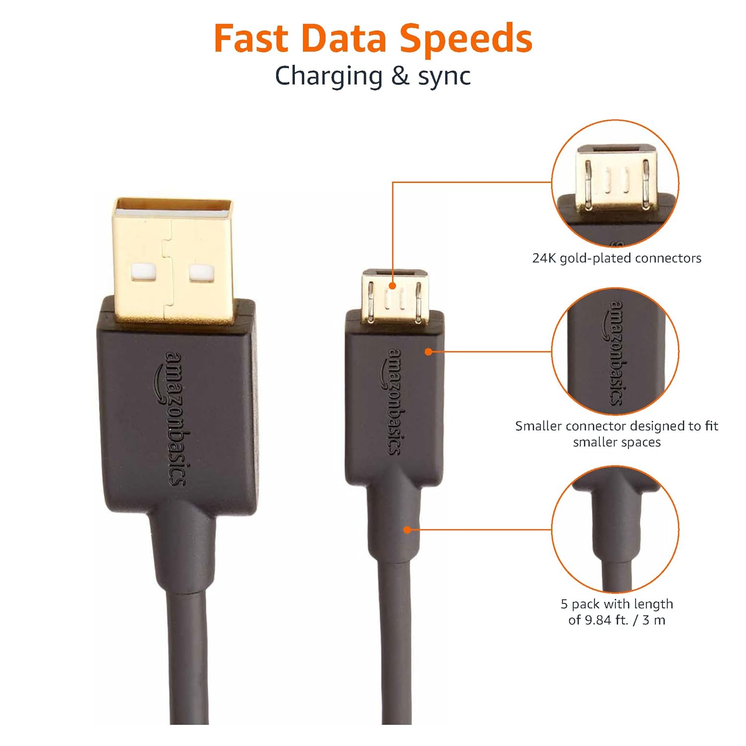 Detalle 2 de Amazon Basics 5-Pack Micro USB 10ft cable