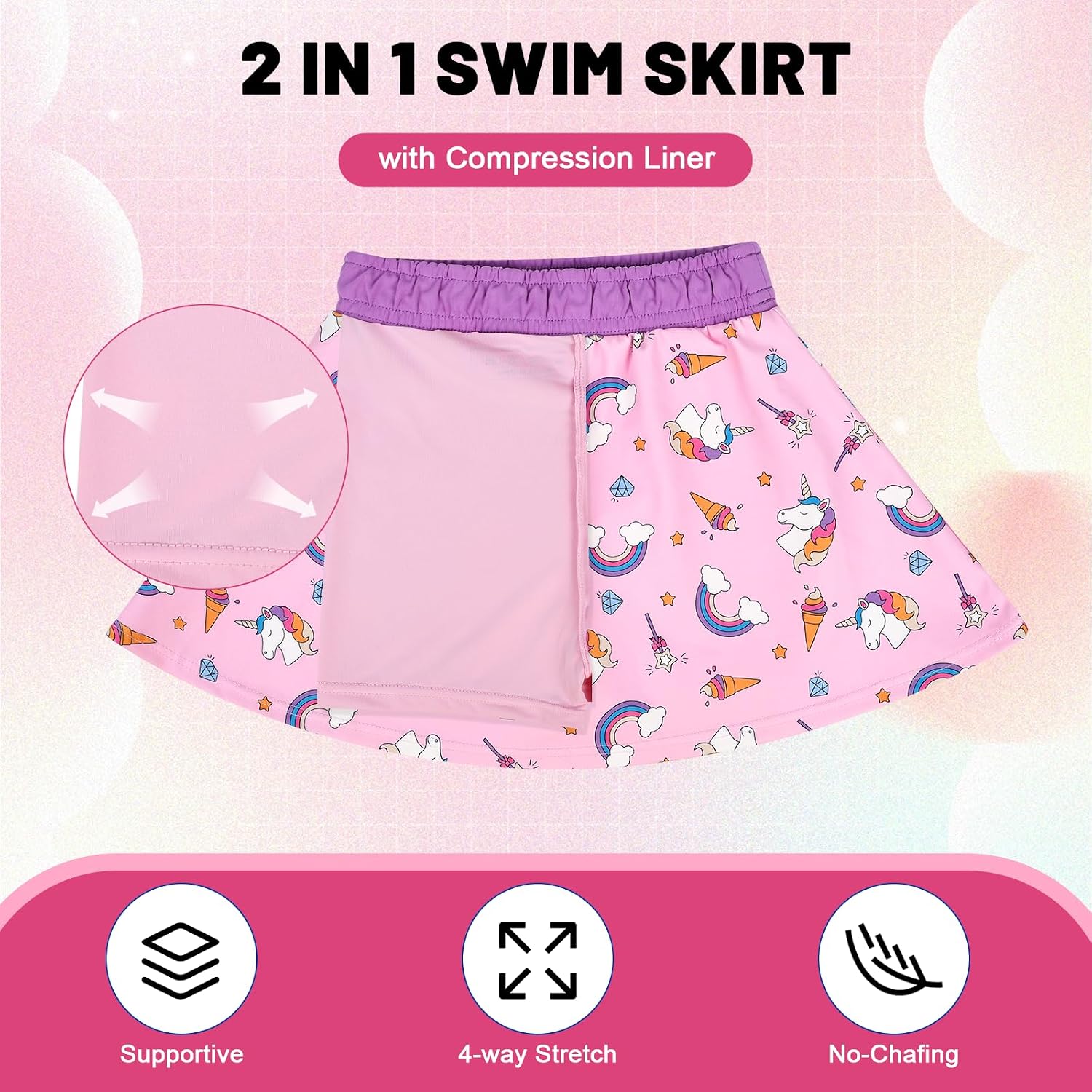 Detalle de FLYISH DIRECT Girls Swimming Costume with UPF 50+ Long Sleeve Rash Vest and Skirt – Ice Cream Unicorn