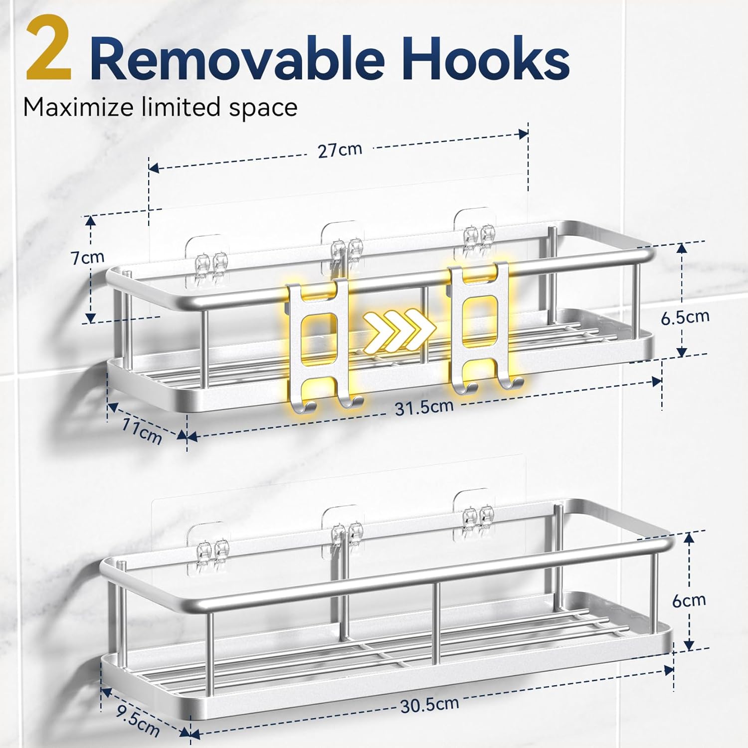 Detalle de YASONIC Shower Caddy (2-Pack) – Rustproof Wall-Mounted Shower Shelves with Removable Hooks