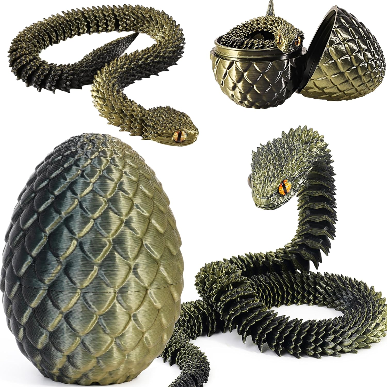 Detalle de Joycabin 3D Printed Animals: Movable Snake Toy & Dragon Egg Set (Black Copper)