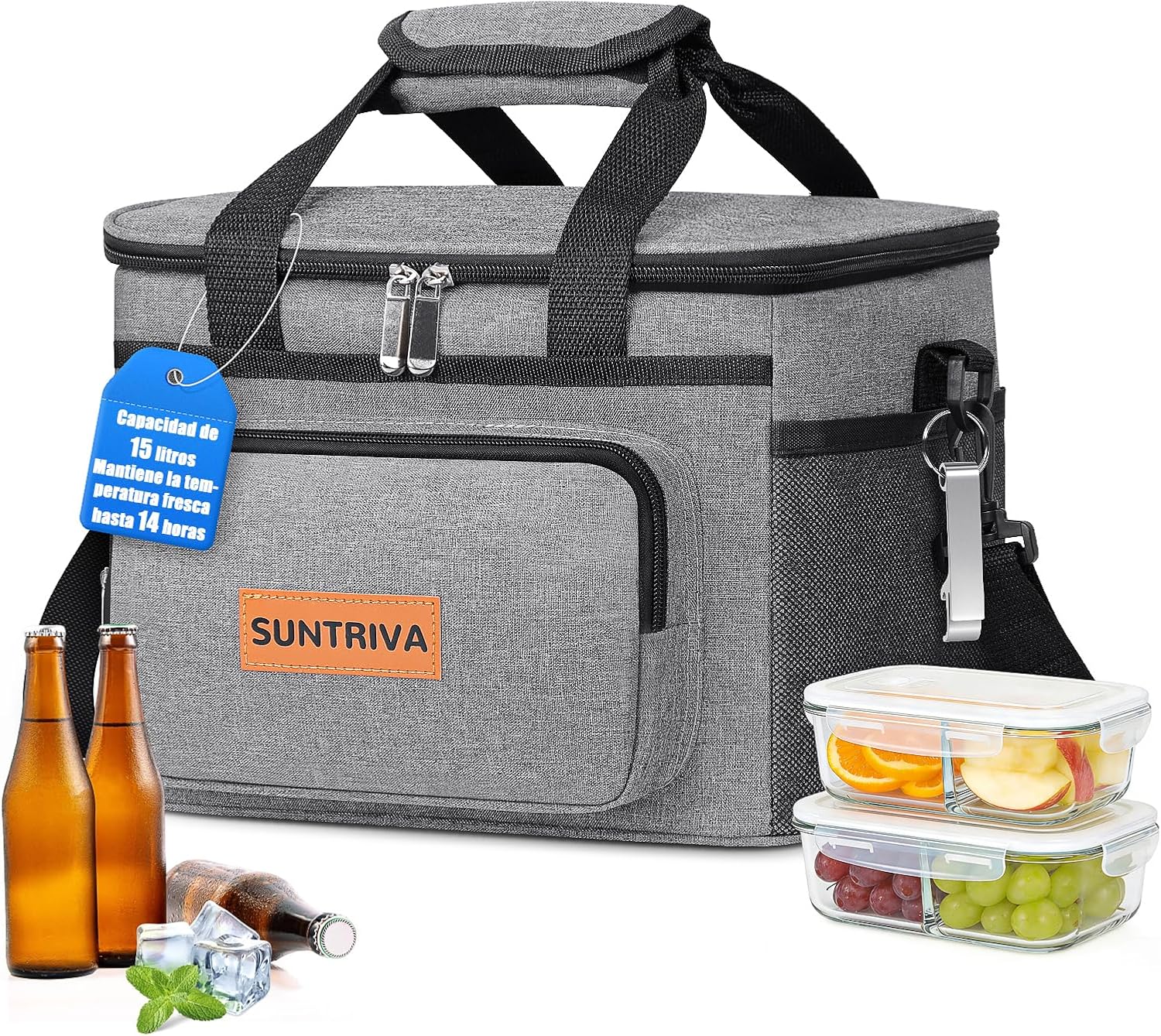 SUNTRIVA Nevera Portátil 15L: bolsa isotérmica resistente y práctica para comidas y bebidas