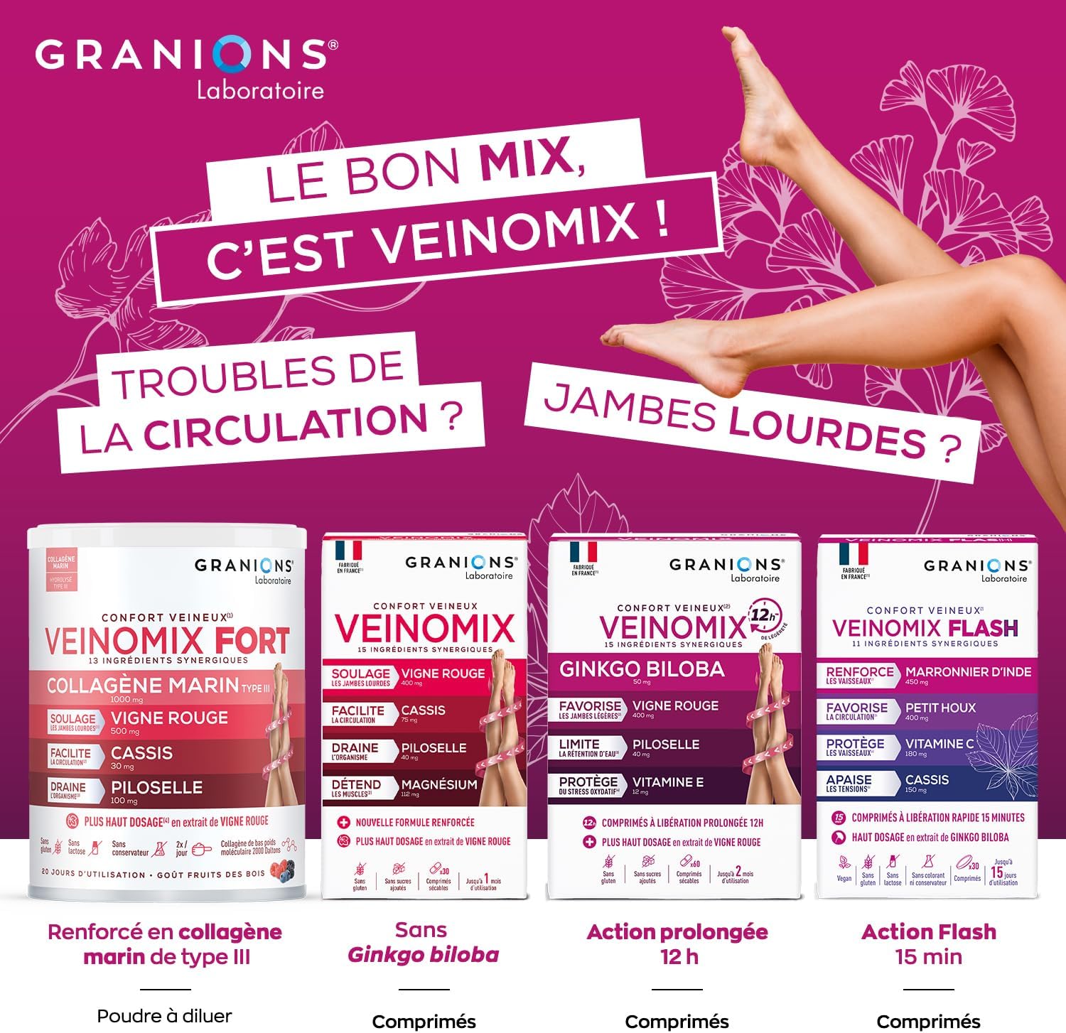 Thumbnail 5 de GRANIONS Veinomix Fort Circulation sanguine jambes & rétention d’eau drainant puissant – 90 comprimés (cure 3 mois)