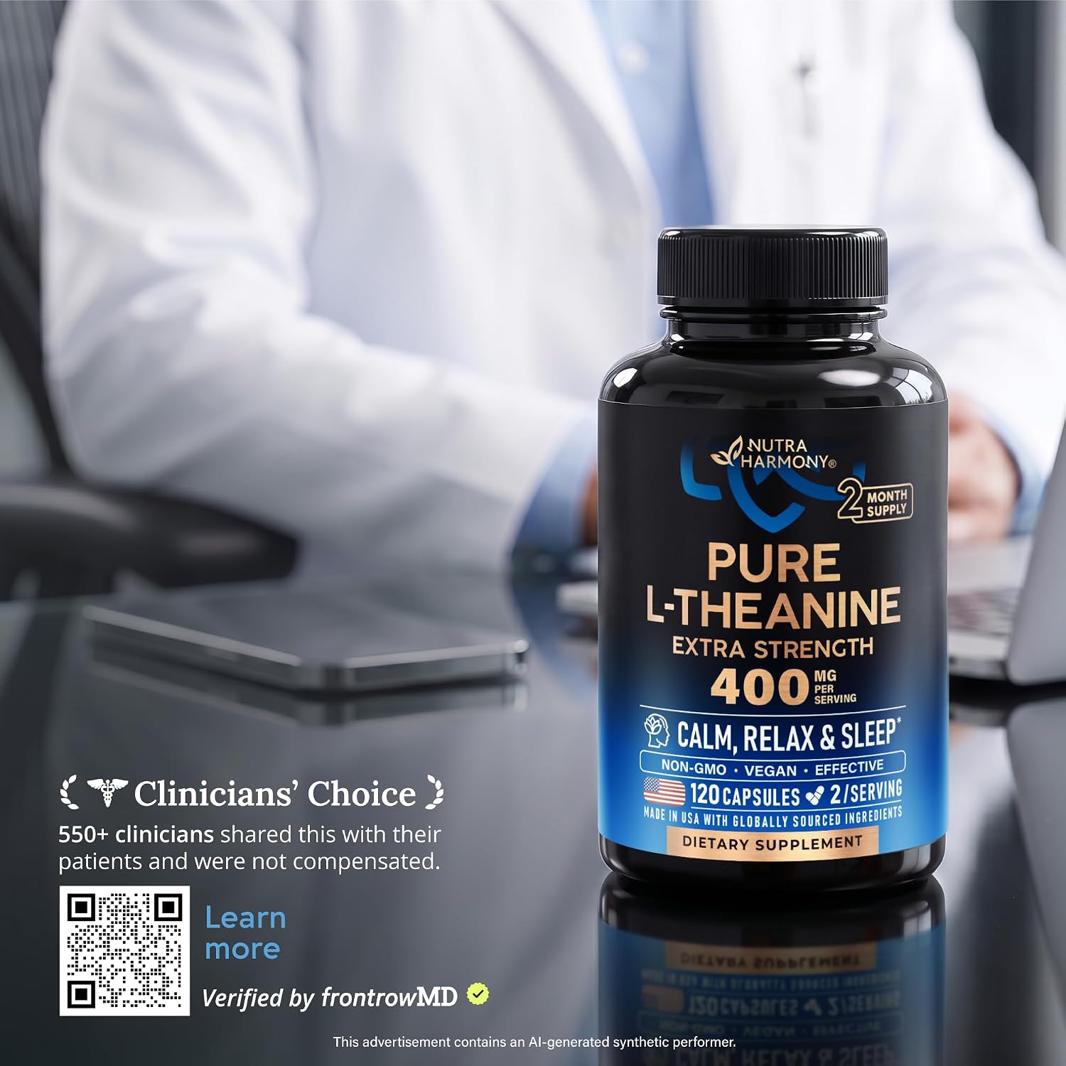Detalle de NUTRAHARMONY 5 L-Theanine 400 mg, 120-Capsule Vegan Supplement