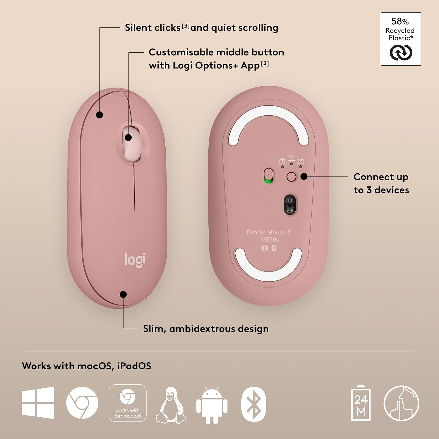 Thumbnail 6 de Logitech Pebble Mouse 2 M350s Slim Bluetooth Wireless Mouse (Rose)