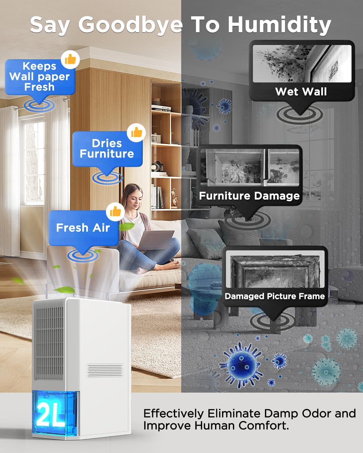 Thumbnail 6 de EasyAcc Bathroom Dehumidifier: 1300ml/Day, 15°C Operation, 2L Tank, 85W, Ultra Quiet