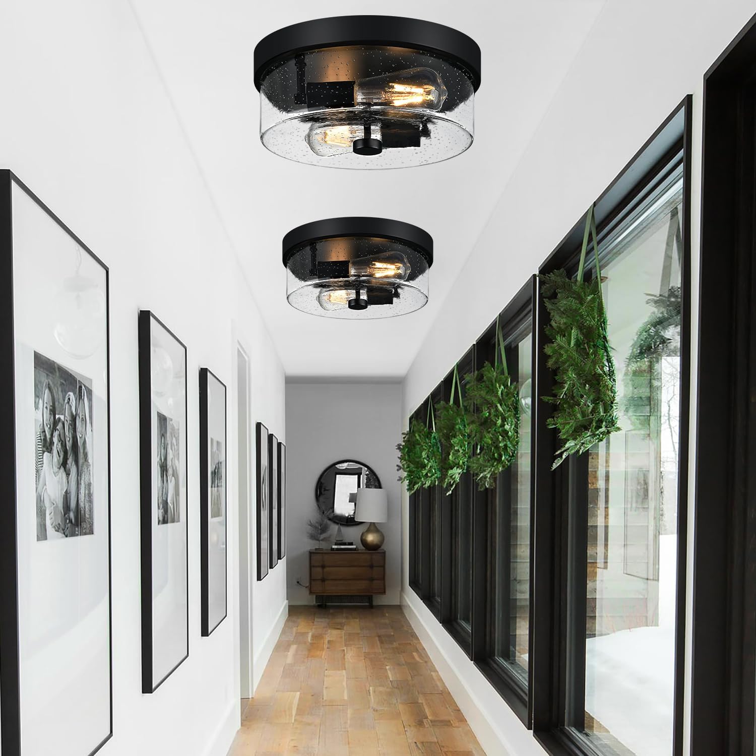 Thumbnail 5 de Black 2-Light Flush Mount Ceiling Light Fixtures with Seeded Glass Shade (Farmhouse/Industrial Style)