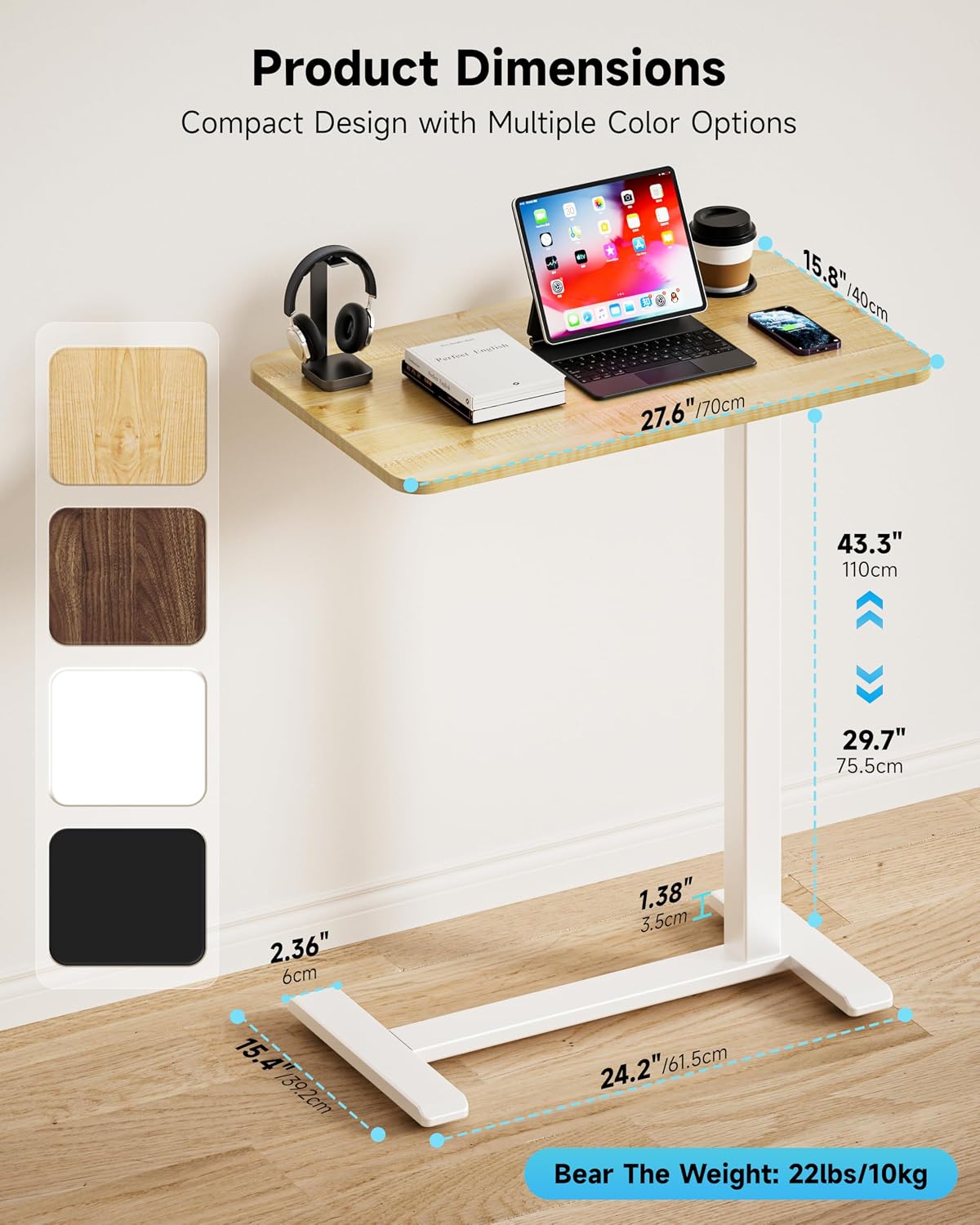 Detalle de BIZUM DM5050W2716MO Adjustable Bedside Table, Maple Top, Pneumatic Lift