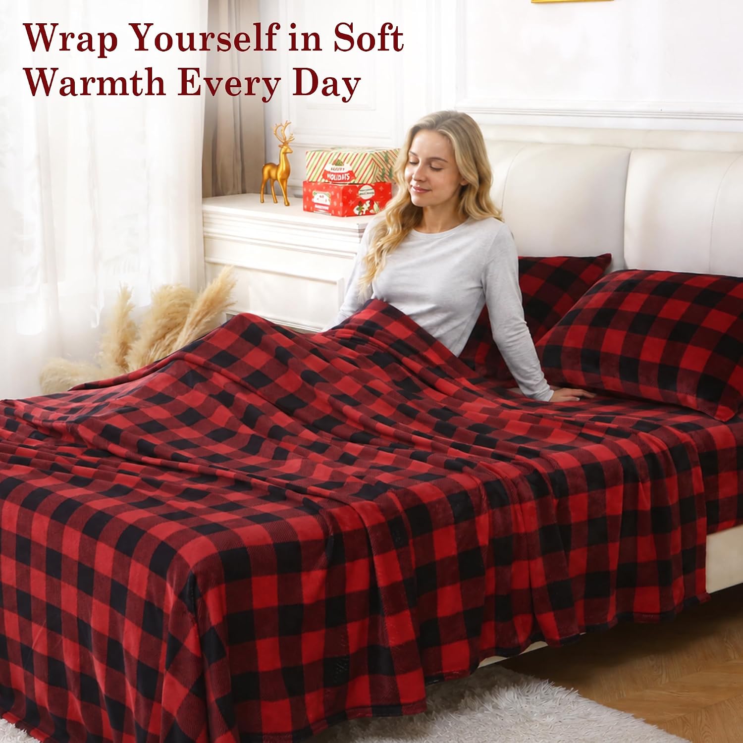 Thumbnail 6 de Viviland SHTRDBUCHK King Micro Fleece Sheet Set, Red and Black Buffalo Plaid