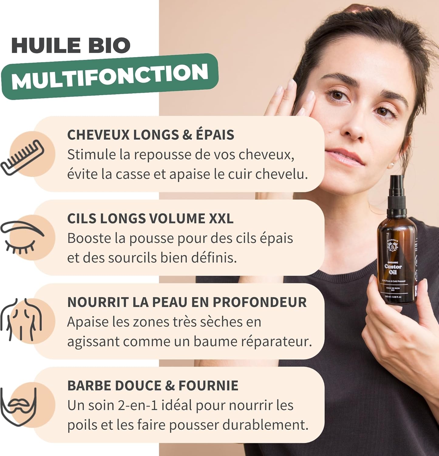 Detalle de BIONOBLE Huile de Ricin Bio Pressée à Froid – 100 ml, 100% Naturelle, pour cheveux, cils et sourcils