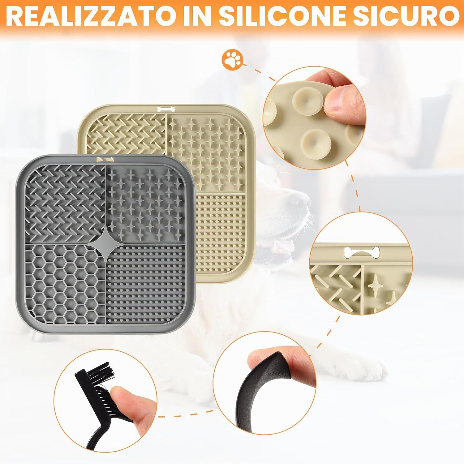 Thumbnail 1 de BASVII 2 PCS Tappetino Leccare Cane e Gatti con Ventose – Set 20x20 cm in silicone con raschietto e spazzola, comfort e igiene al bagno e all’addestramento