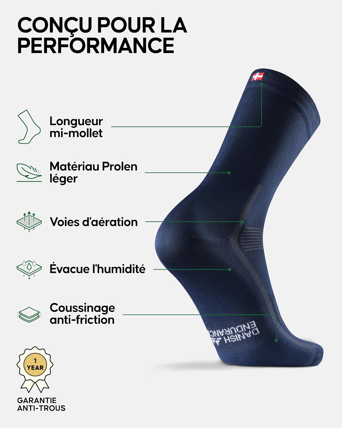 Thumbnail 1 de DANISH ENDURANCE Chaussettes de cyclisme performance rembourrées respirantes à séchage rapide (lot 3 ou 5)