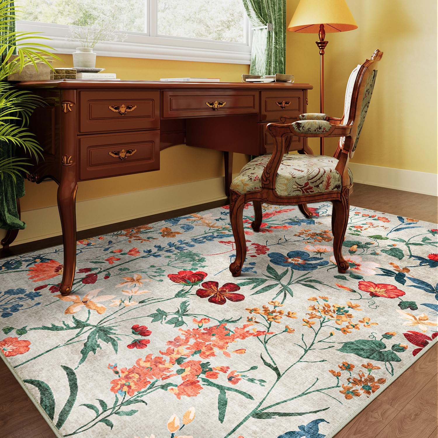 Thumbnail 4 de HUGEAR Beige waschbarer Teppich mit Blumenmuster (200x300 cm) – kurzflorig, rutschfest, für Wohn- & Schlafzimmer