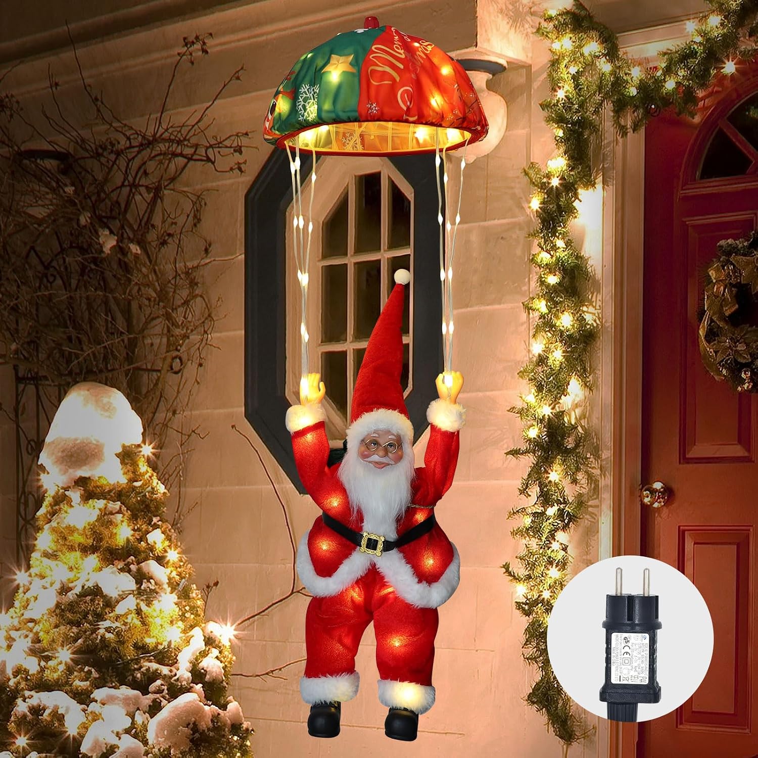Detalle de Auting LED Fallschirm Weihnachtsmann Lichterkette – 8 Modi mit Timer und Speicherfunktion