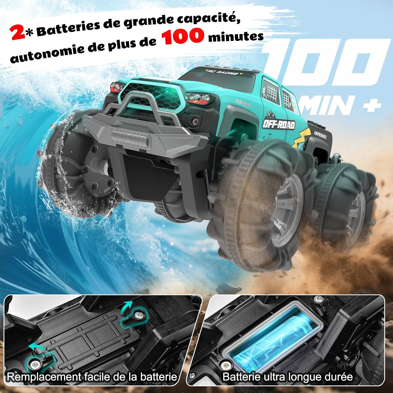 Detalle de Voiture Télécommandée 4WD Amphibie – Stunt Tout-Terrain avec Capteur Gestuel et LED