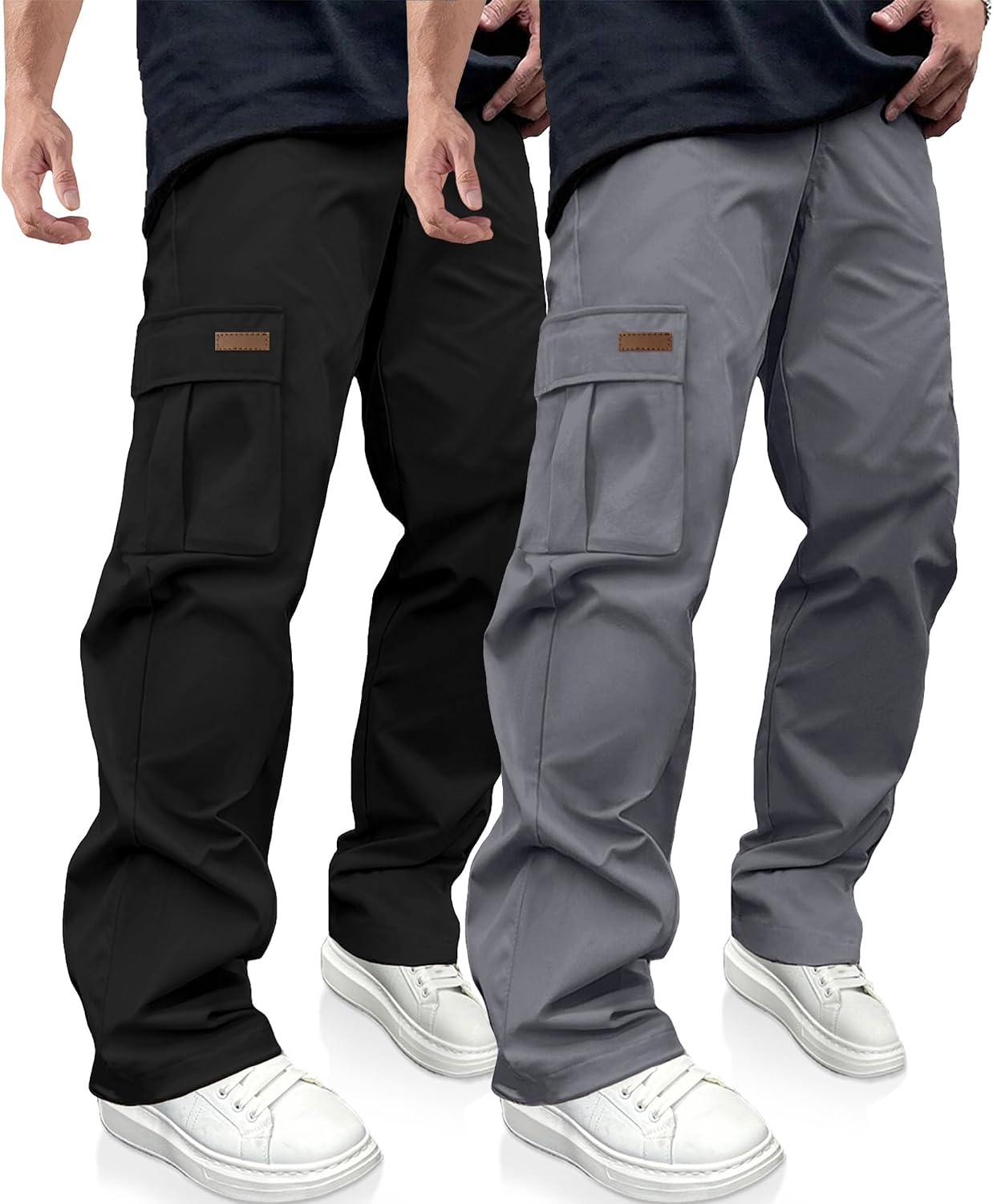 Detalle de PLEPAN Men’s Casual Cargo Pants with Drawstring Waist, Pockets & Stretchy Fit