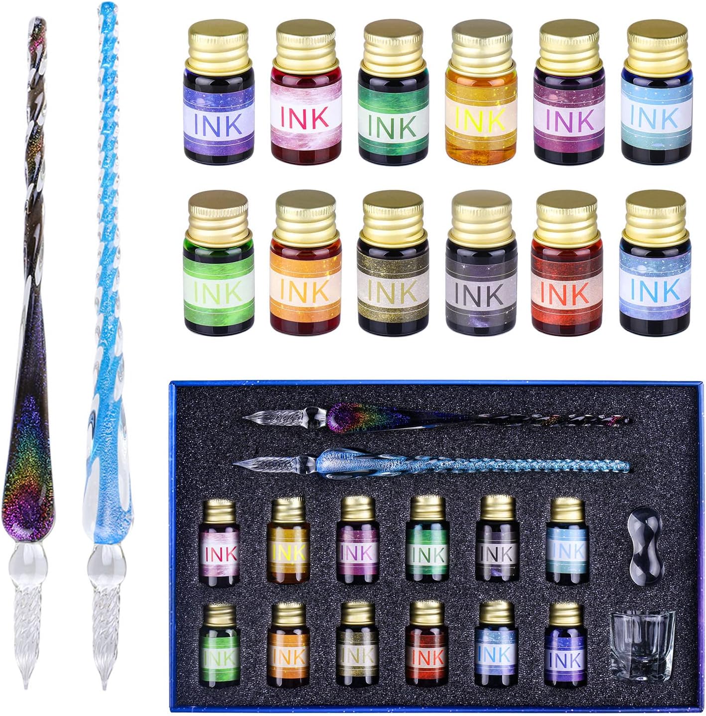 Detalle de OFUN Glass Dip Pen Set: Crystal Glass Dip Pens with 12 Ink Colours