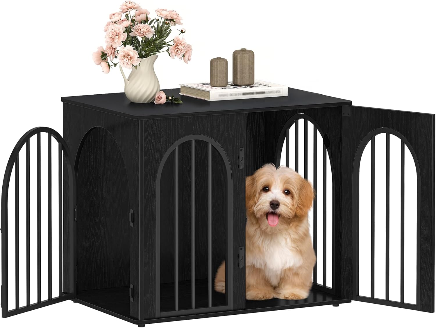 Hzuaneri Hundekäfig-Möbel 68 cm (68 x 49 x 56 cm) mit Bogentür und 3 Türen – Schwarz DFC85504B